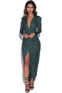 Forest Green Leopard Print Plunge Dress
