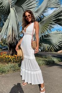 White Lace Trim Plunge Tiered Maxi Dress
