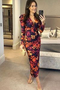 Fall Floral Print Long Sleeve Midi Dress with Side Slit