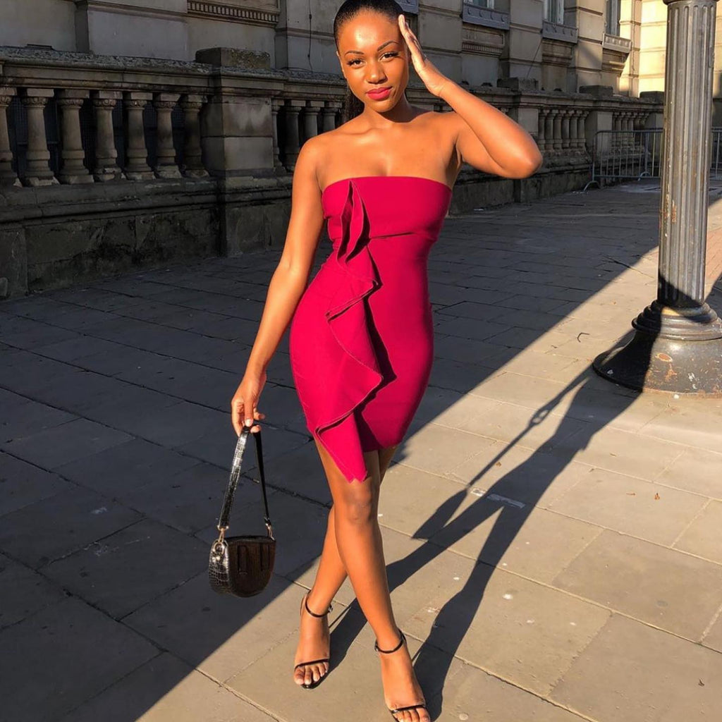 Berry Bandeau Frill Detail Mini Dress