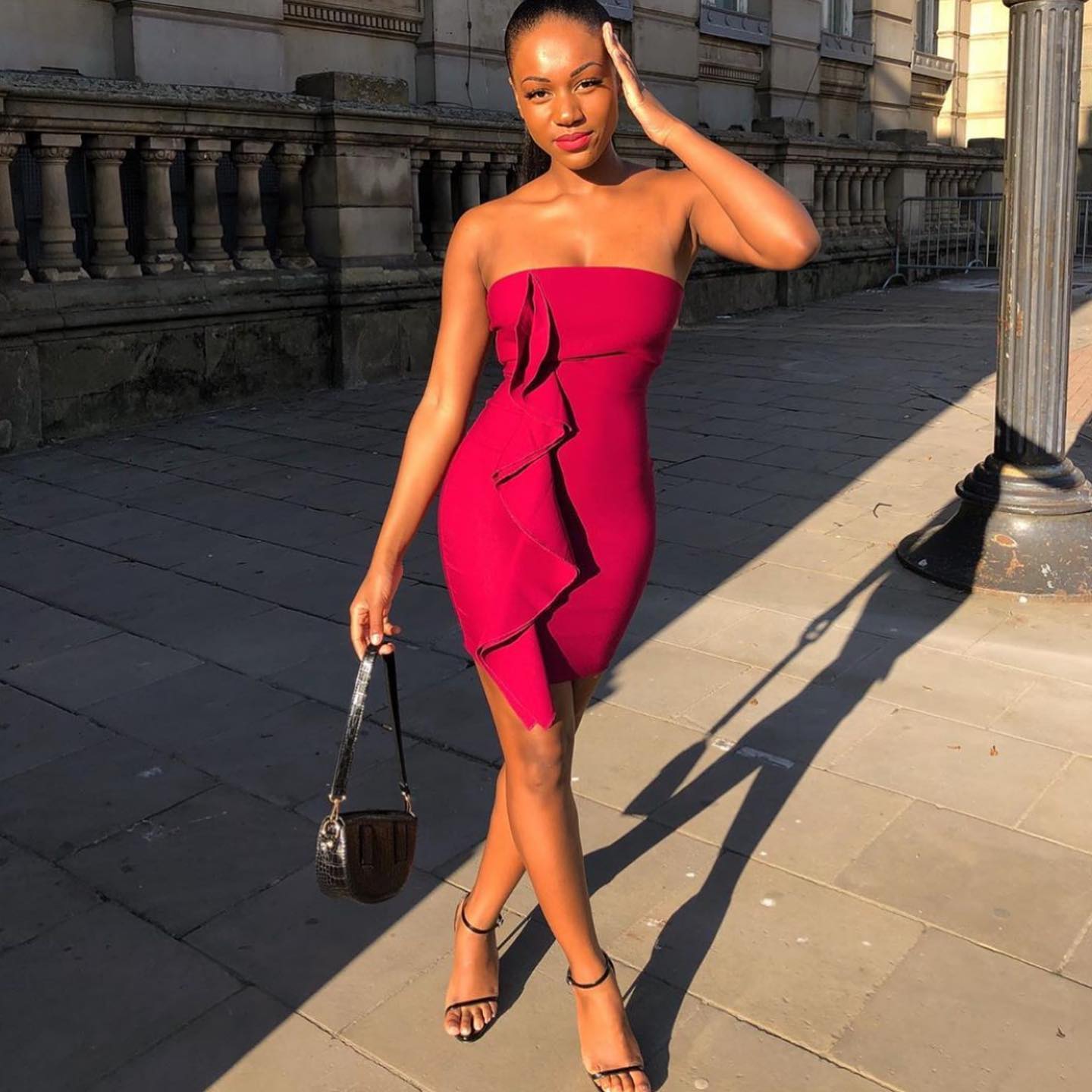 Berry Bandeau Frill Detail Mini Dress