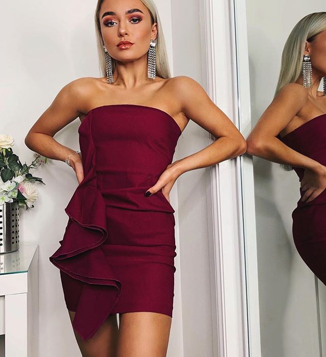 Berry Bandeau Frill Detail Mini Dress