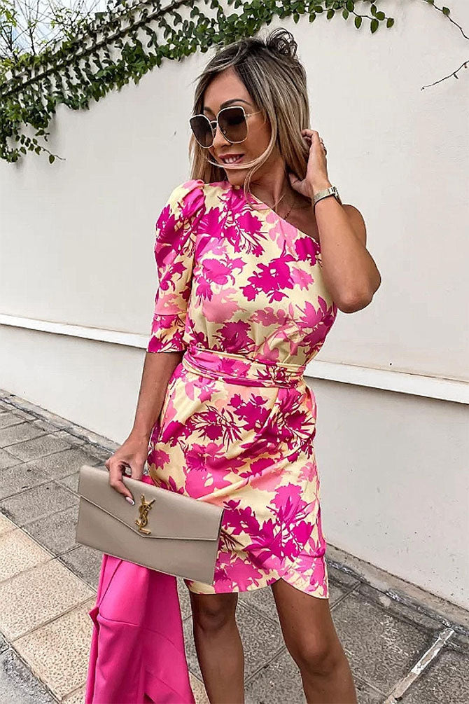 Floral One Shoulder Wrapover Mini Dress