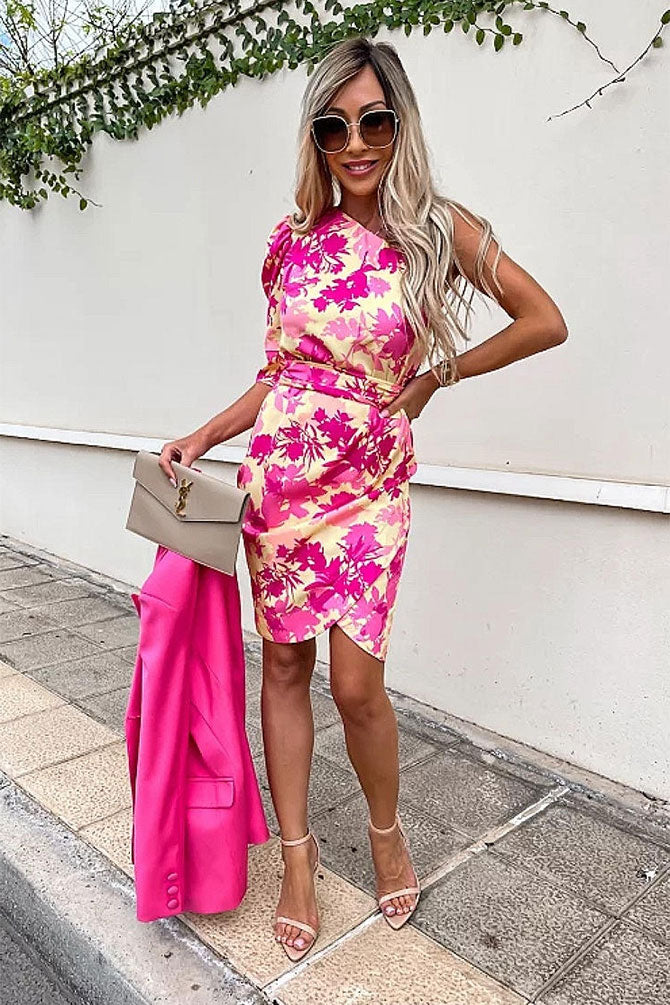 Floral One Shoulder Wrapover Mini Dress