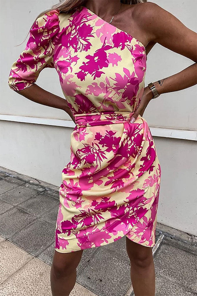 Floral One Shoulder Wrapover Mini Dress