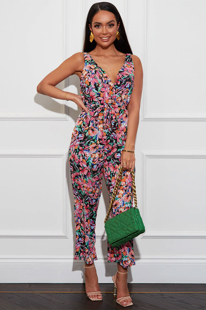 Floral Print Sleeveless Wrap Neck Jumpsuit