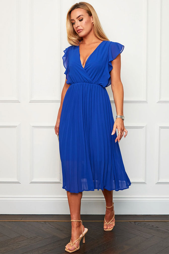 Cobalt Blue Pleated Wrap Midi Dress