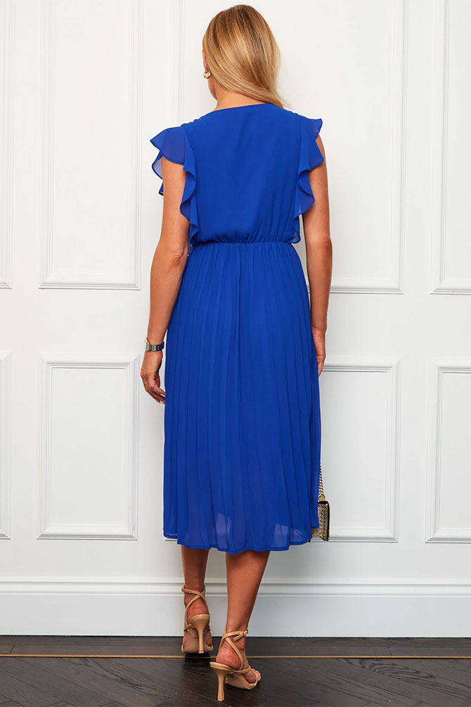 Cobalt Blue Pleated Wrap Midi Dress