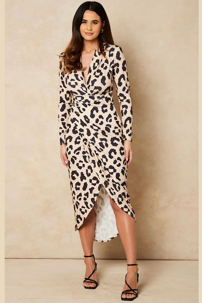 Animal Print Wrap Midi Dress