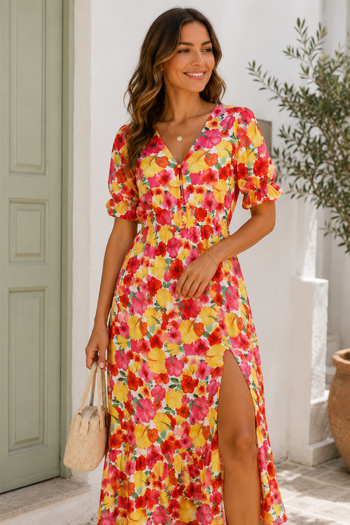 Bright Floral Button Front Midaxi Dress