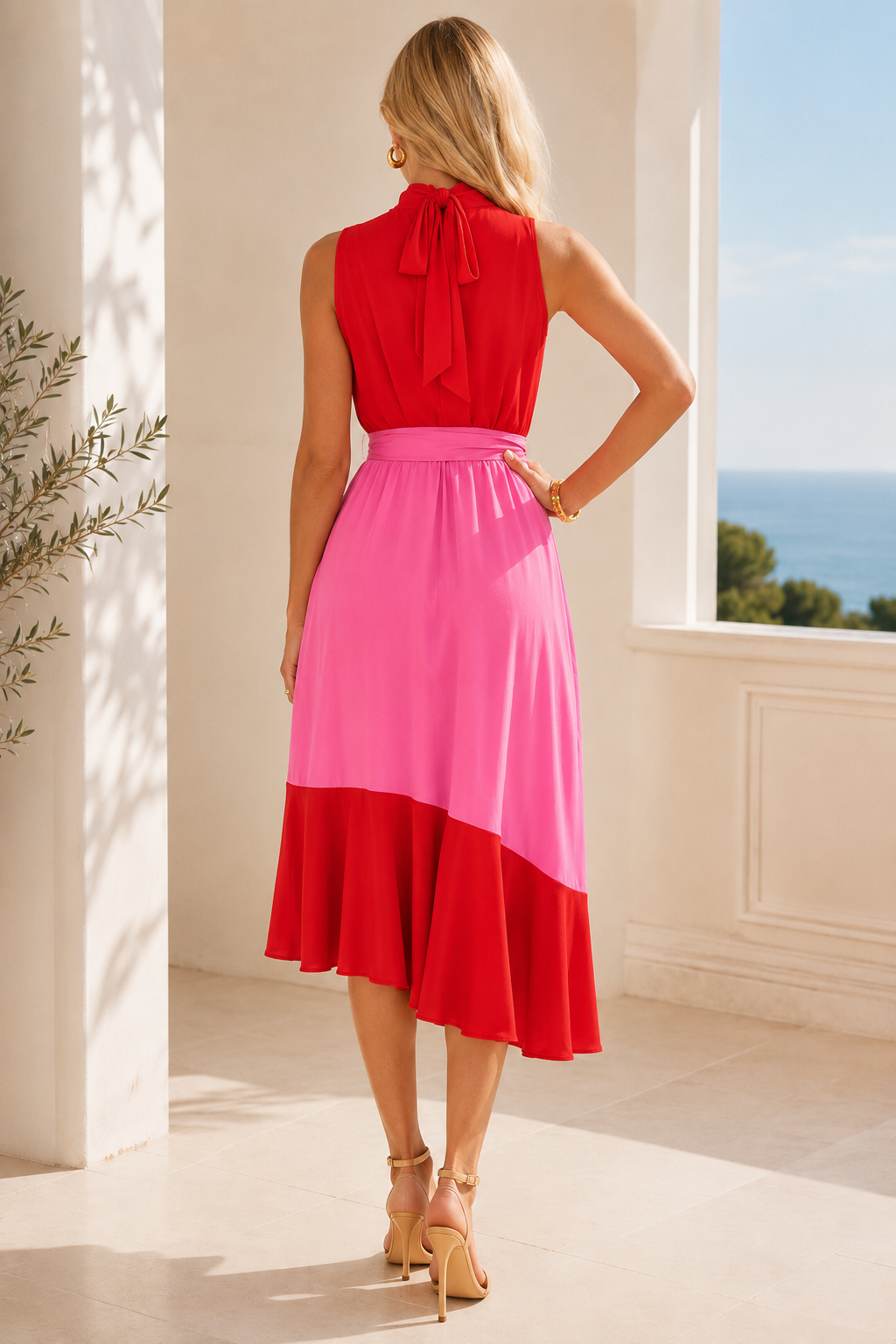 Red Cut Out Waist Thigh Split Halterneck Maxi Dress