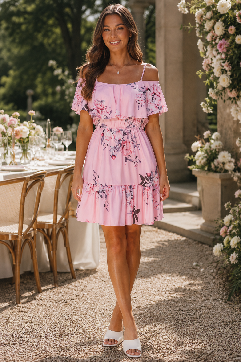 Floral Frill Cold Shoulder Swing Dress