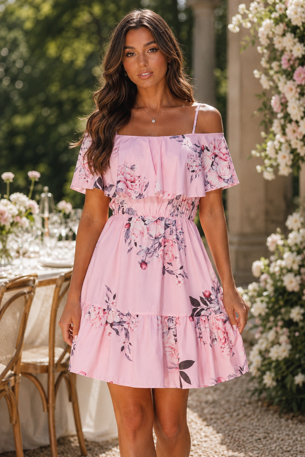 Floral Frill Cold Shoulder Swing Dress