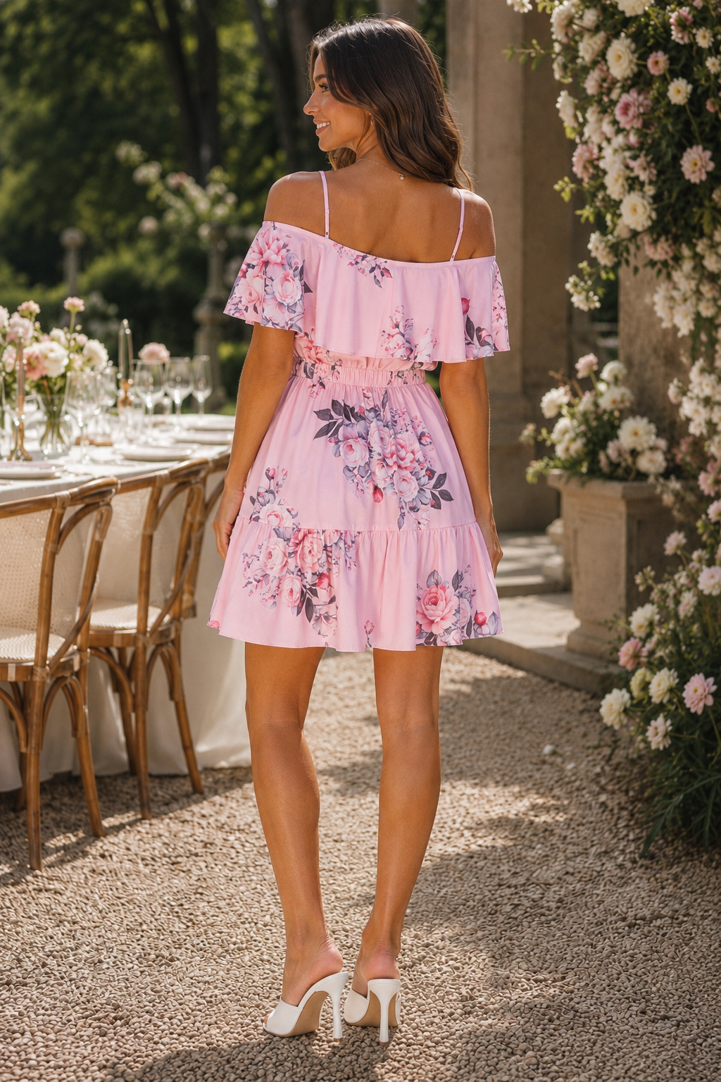 Floral Frill Cold Shoulder Swing Dress