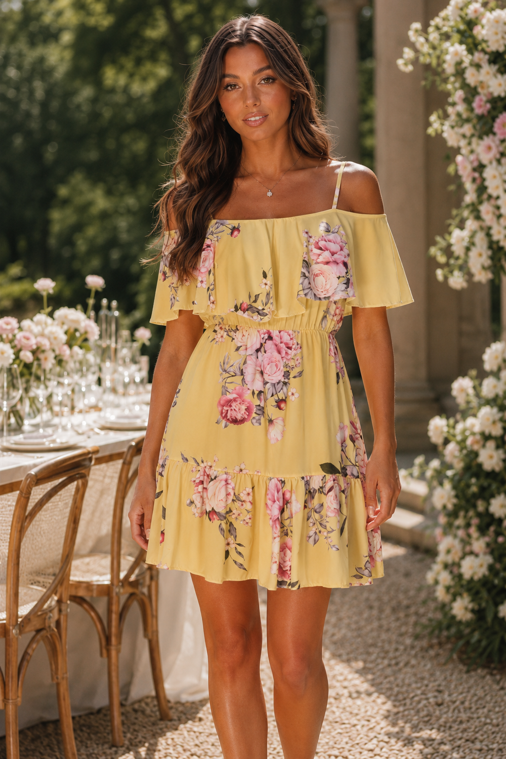 Floral Frill Cold Shoulder Swing Dress