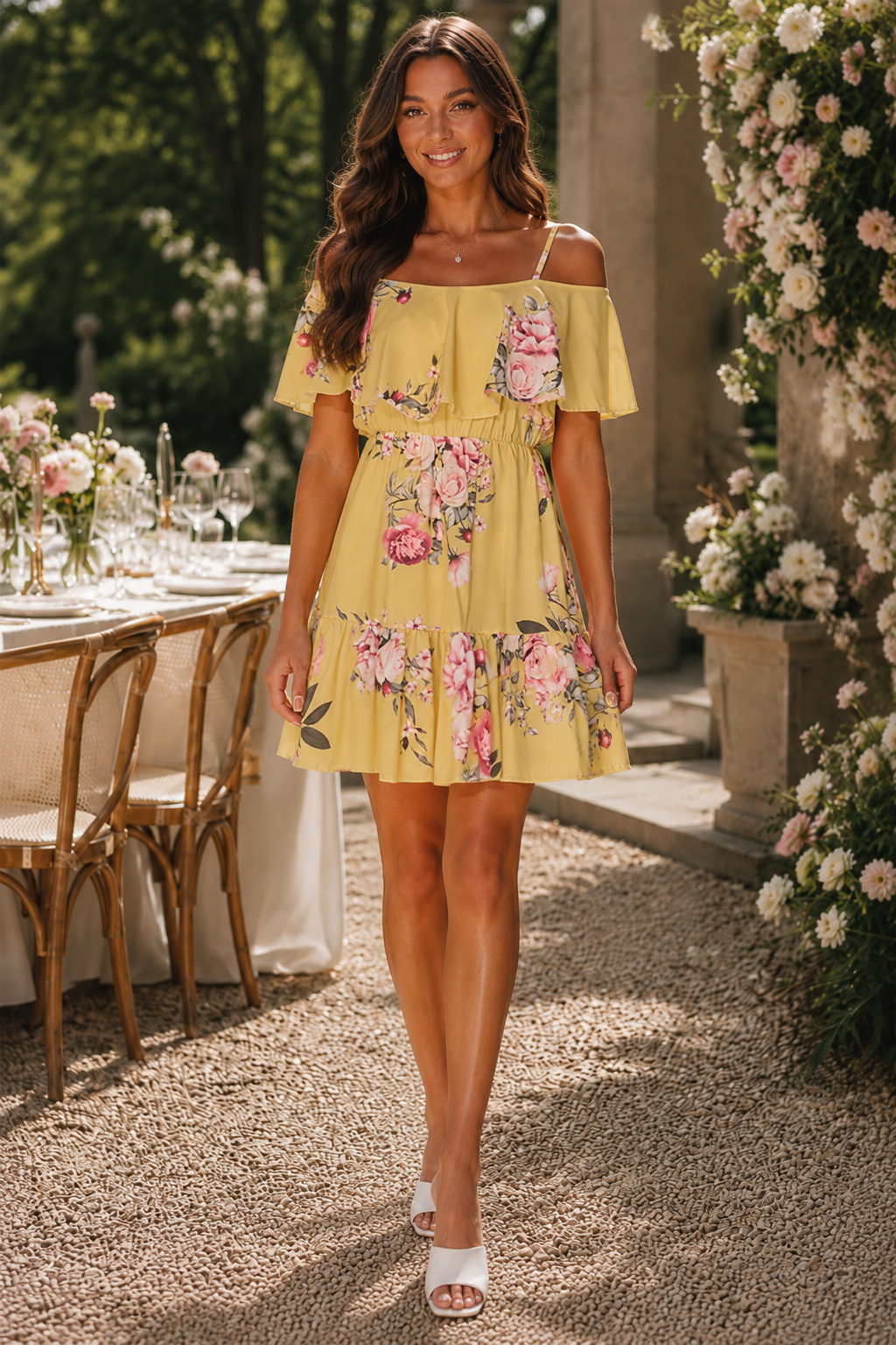 Floral Frill Cold Shoulder Swing Dress