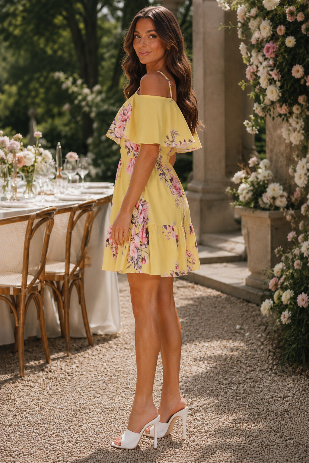 Floral Frill Cold Shoulder Swing Dress