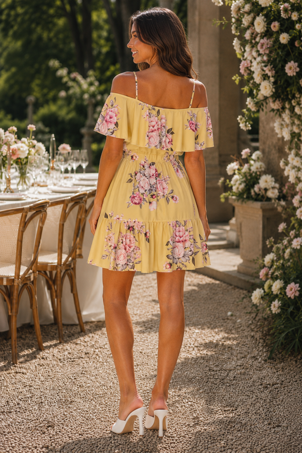 Floral Frill Cold Shoulder Swing Dress