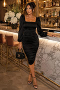Black Satin Square Neck Ruched Midi Dress