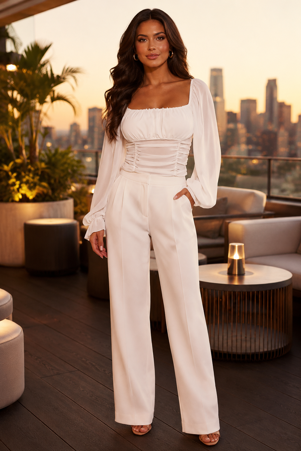 Ruched Balloon Sleeve Square Neck Top