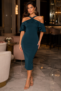 Teal Cold Shoulder Ruffle Midi Dress