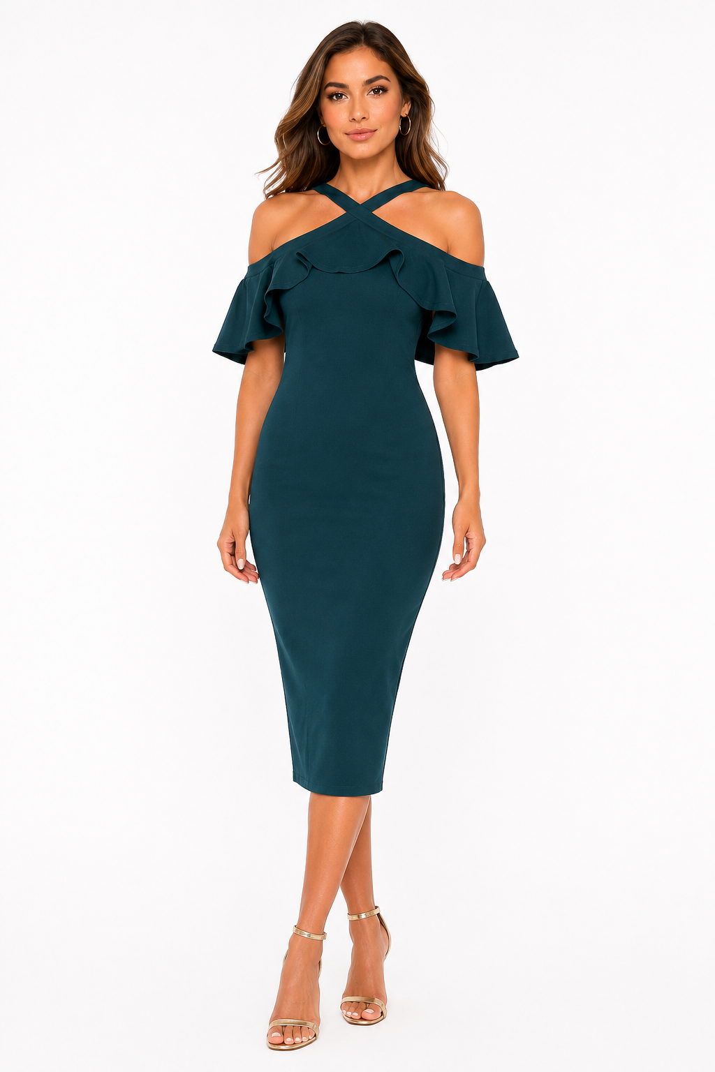 Teal Cold Shoulder Ruffle Midi Dress