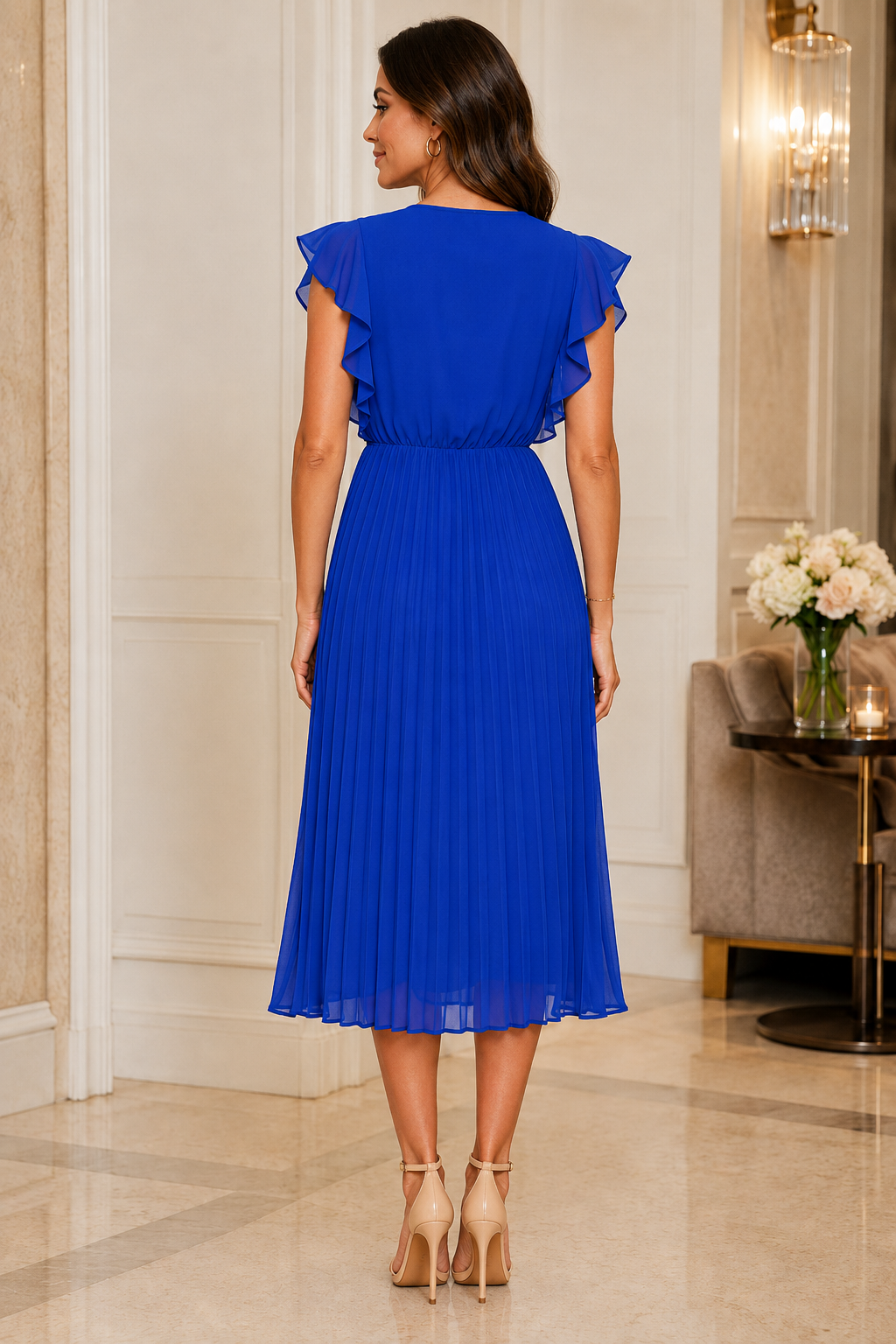 Cobalt Blue Pleated Wrap Midi Dress
