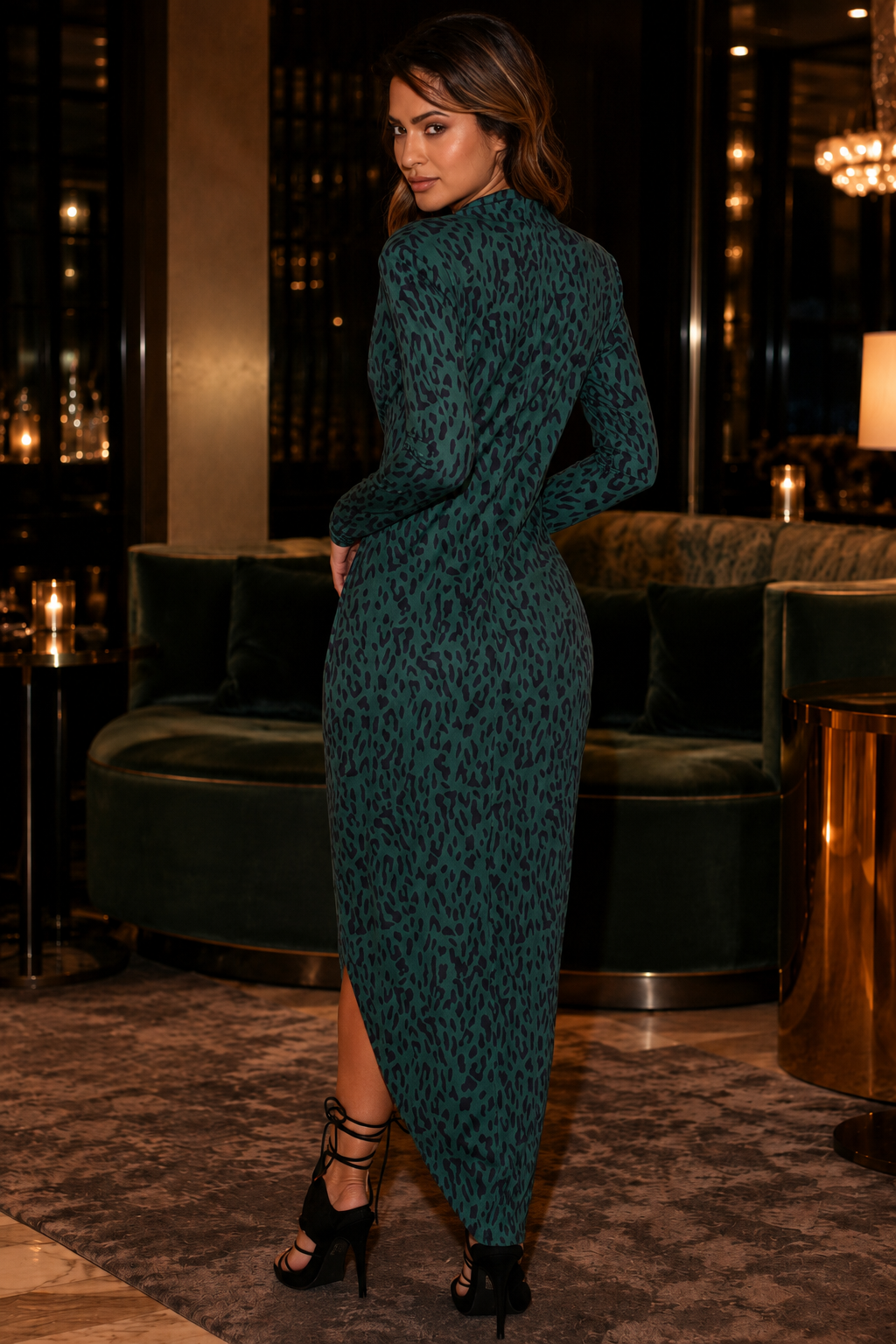 Forest Green Leopard Print Plunge Dress