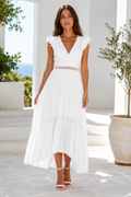 White Crochet Trim V Neck Midi Dress