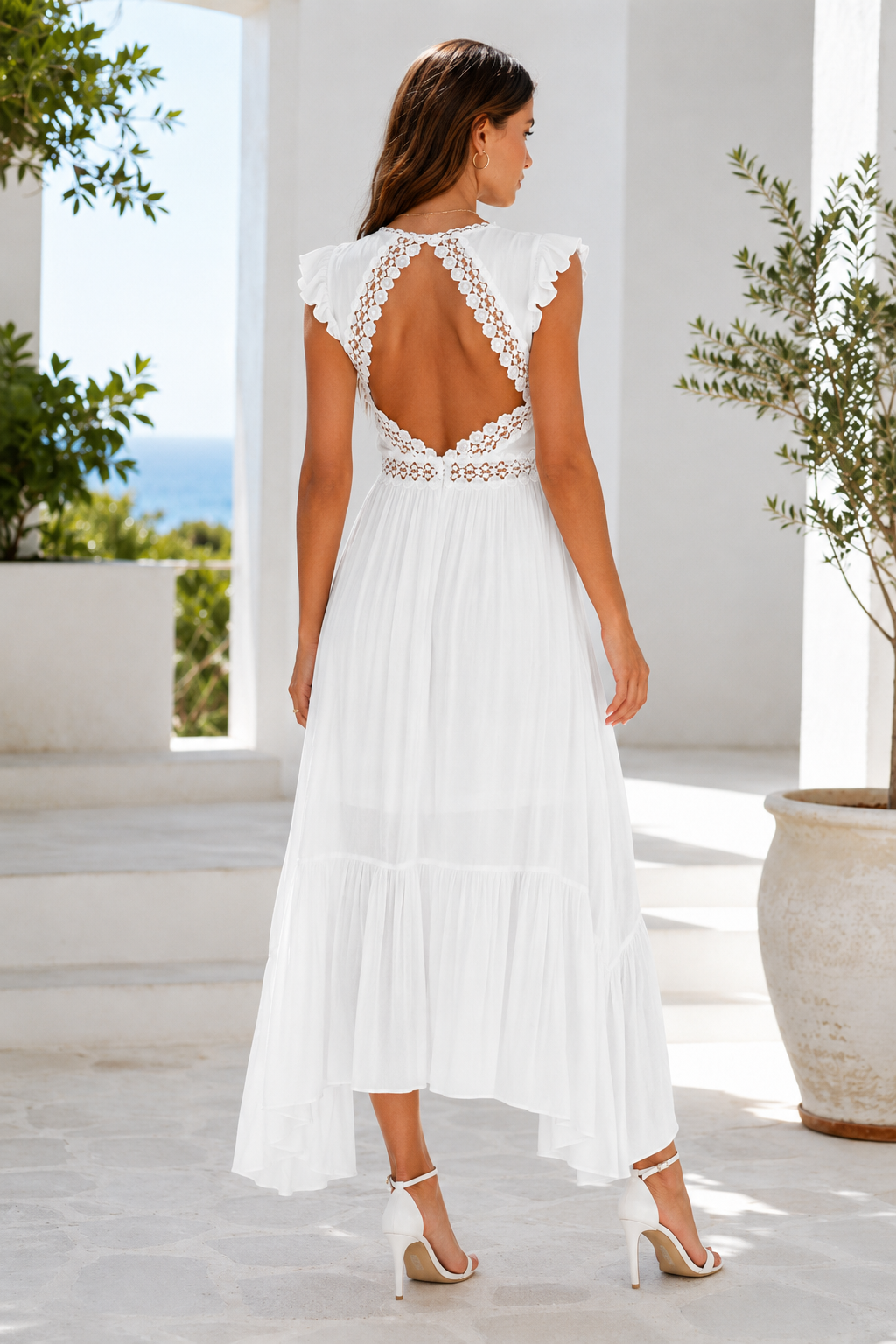 White Crochet Trim V Neck Midi Dress