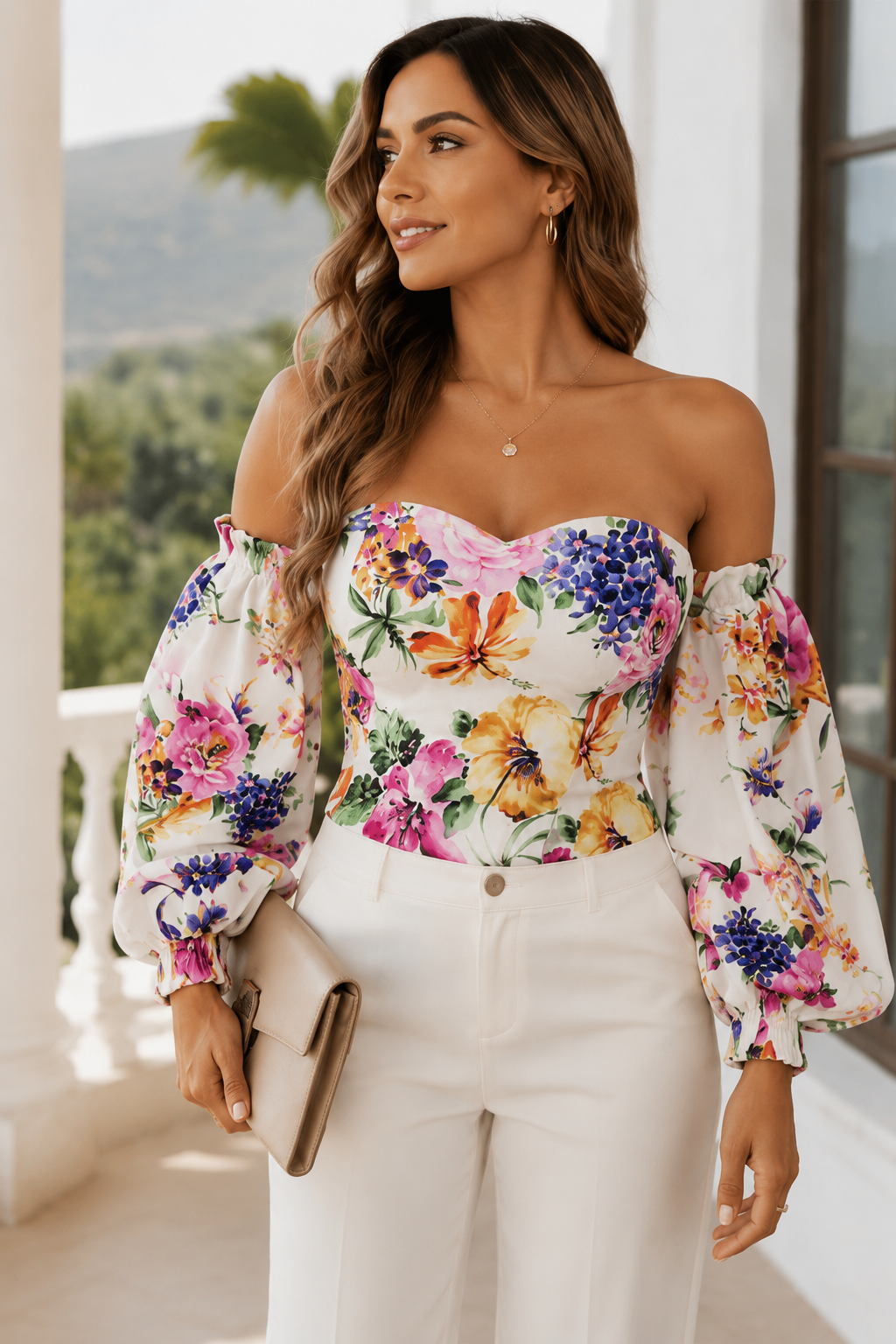 Floral Puff Sleeve Bardot Crop Top