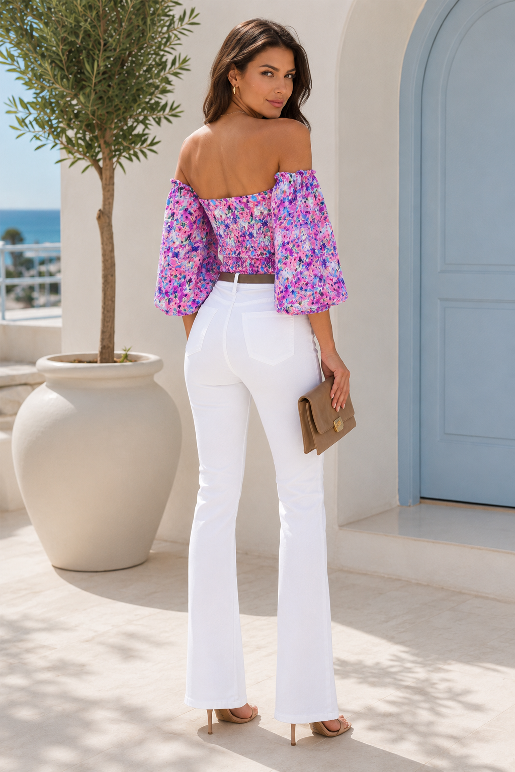Floral Puff Sleeve Bardot Crop Top