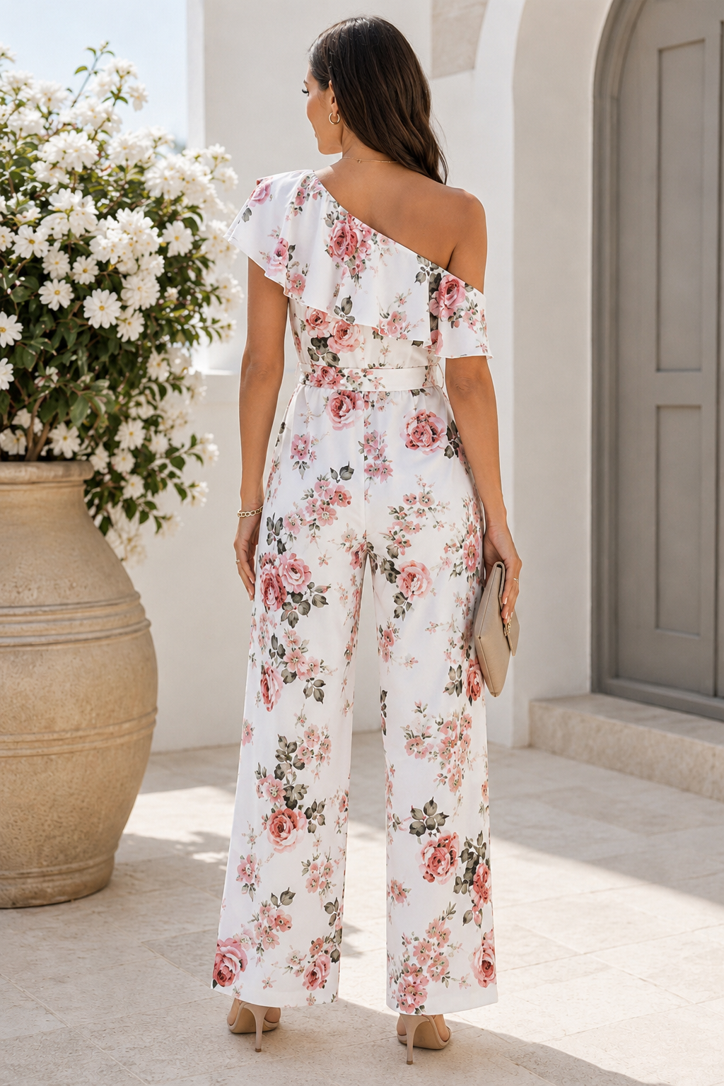 Floral Ruffle Detail Wide Leg Belted Jumpsuit