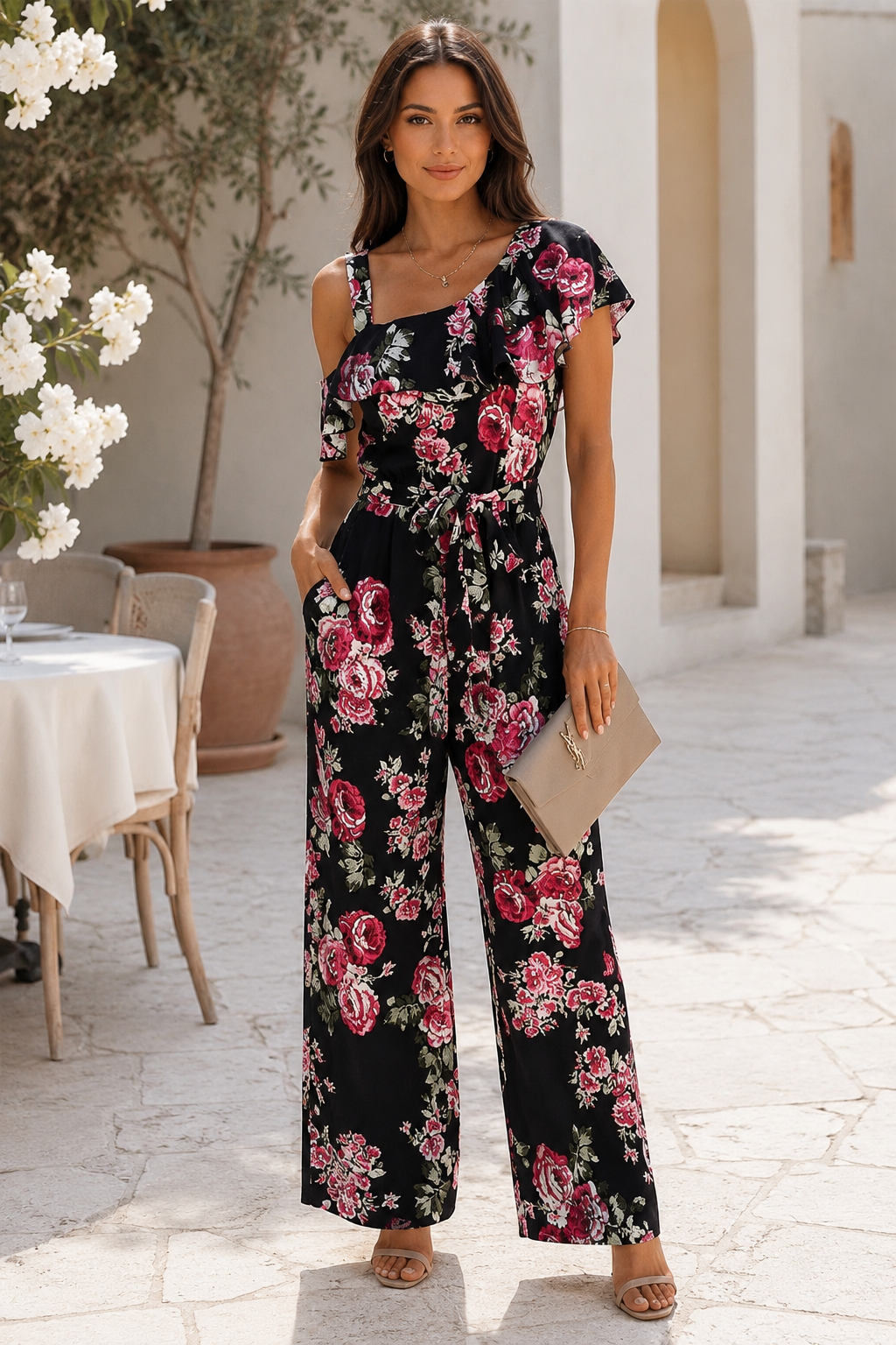 Floral Ruffle Detail Wide Leg Belted Jumpsuit
