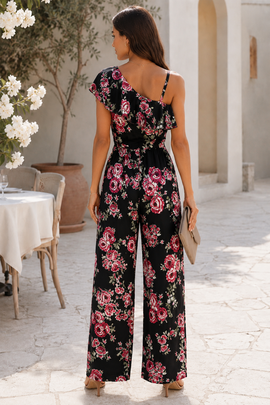 Floral Ruffle Detail Wide Leg Belted Jumpsuit