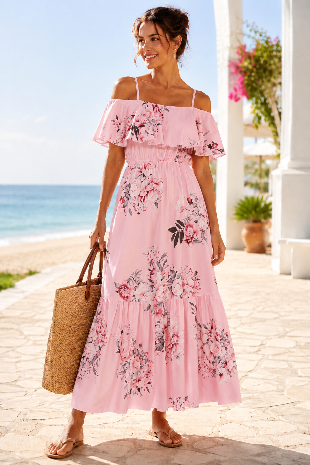Floral Frill Detail Cold Shoulder Maxi Dress