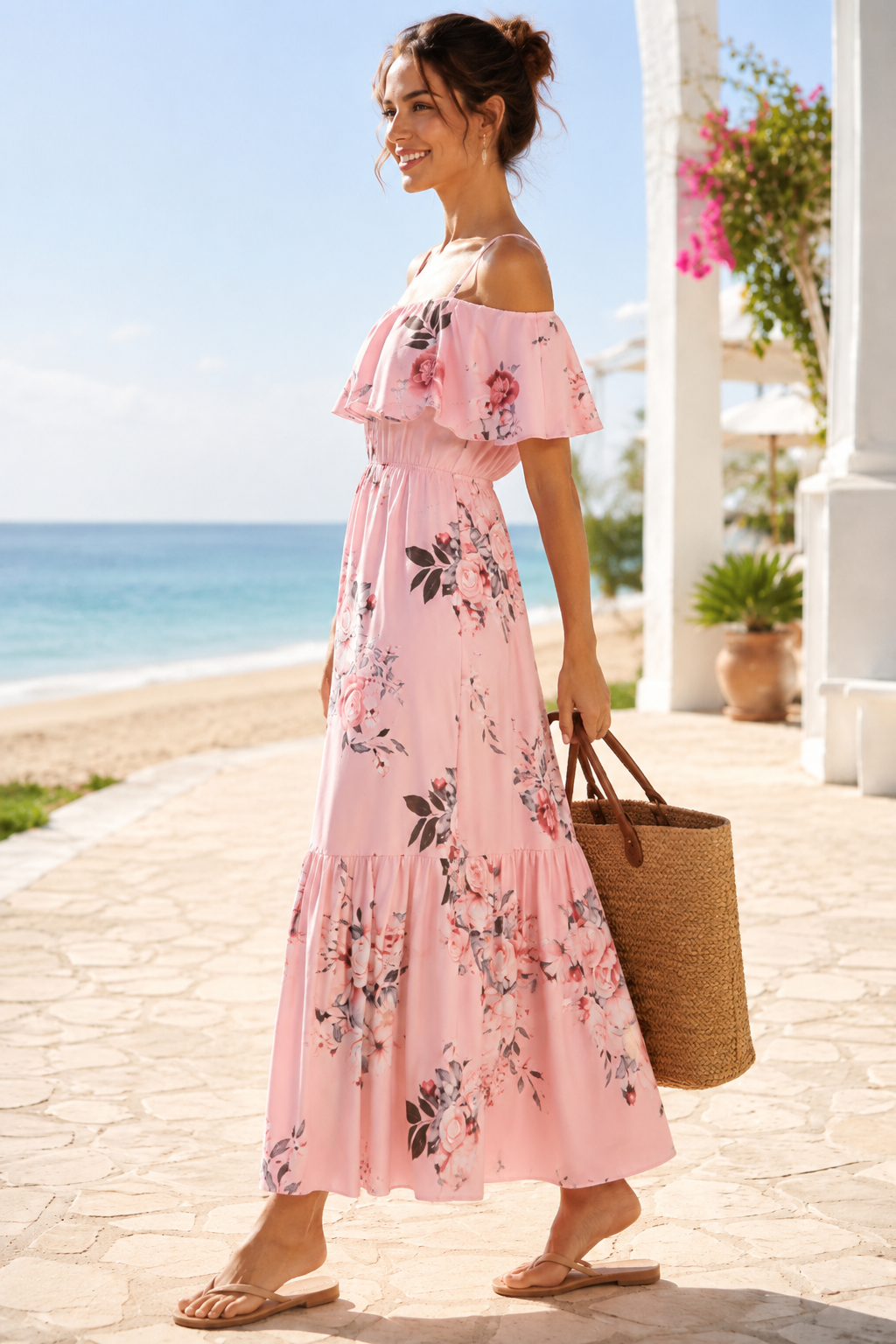 Floral Frill Detail Cold Shoulder Maxi Dress
