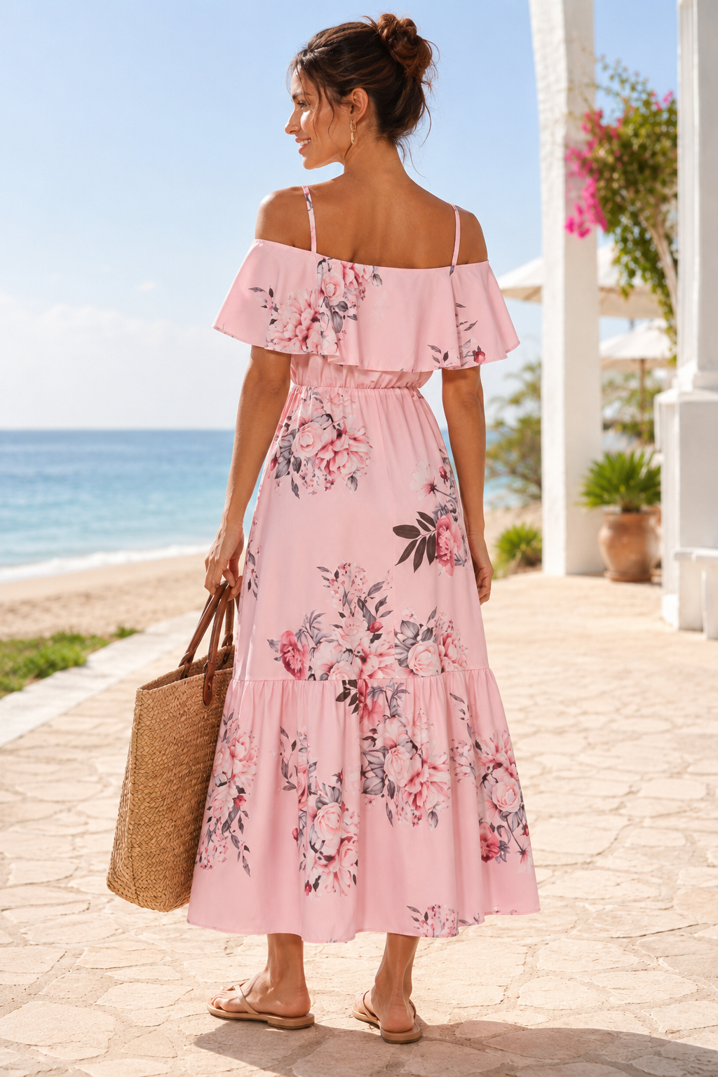 Floral Frill Detail Cold Shoulder Maxi Dress