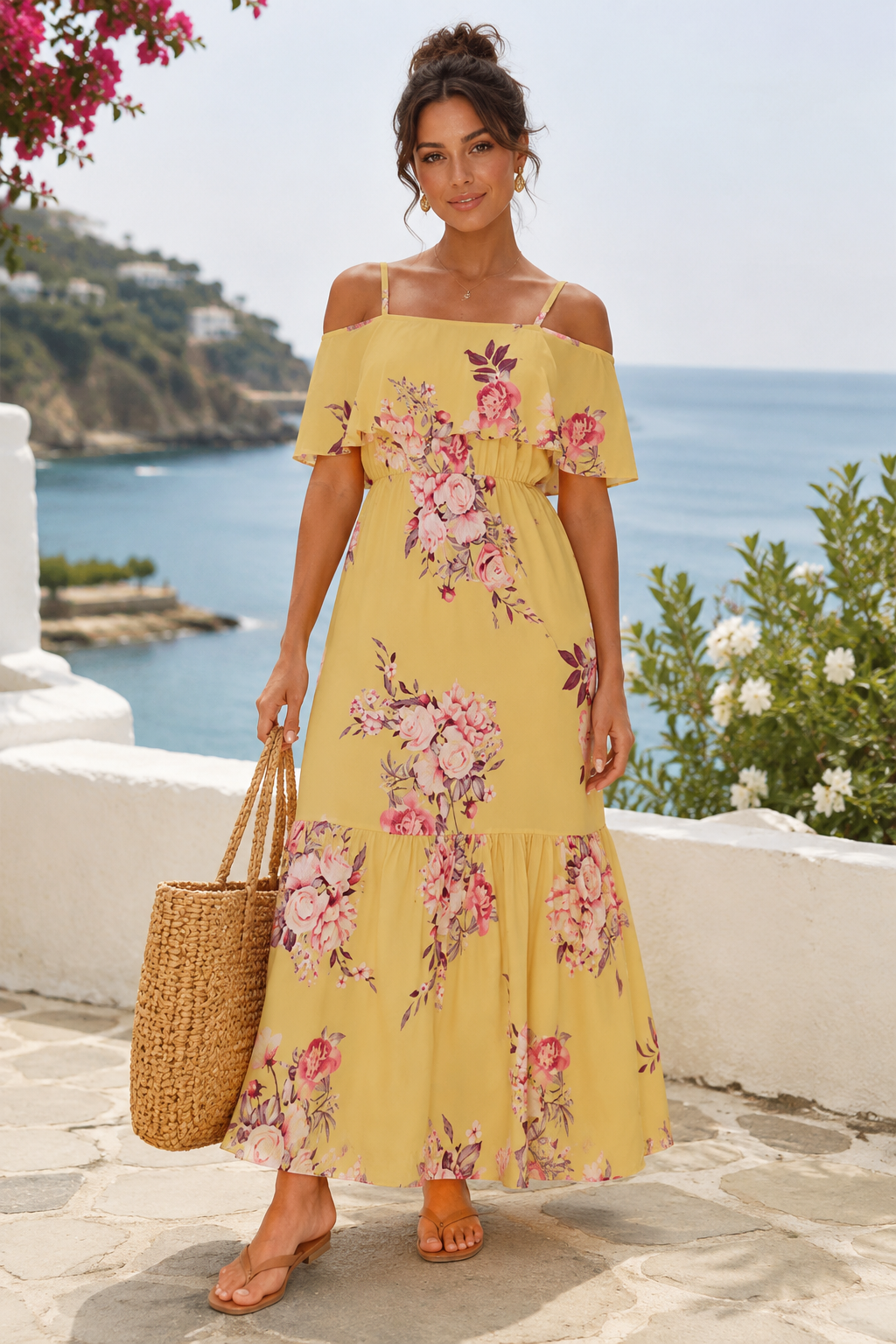 Floral Frill Detail Cold Shoulder Maxi Dress