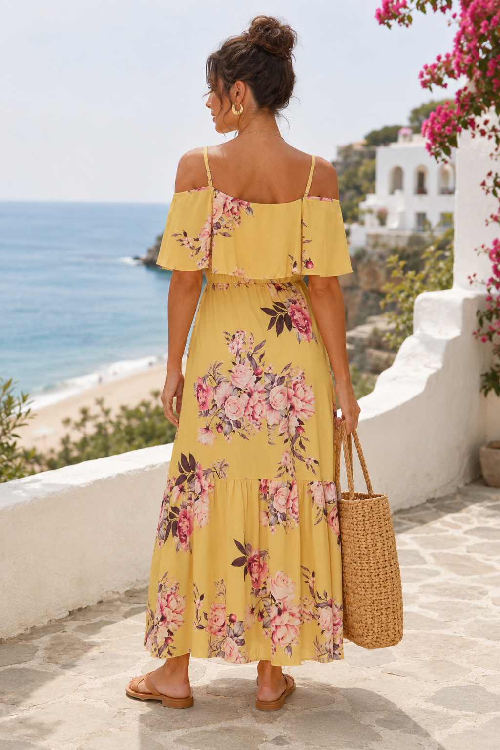 Floral Frill Detail Cold Shoulder Maxi Dress