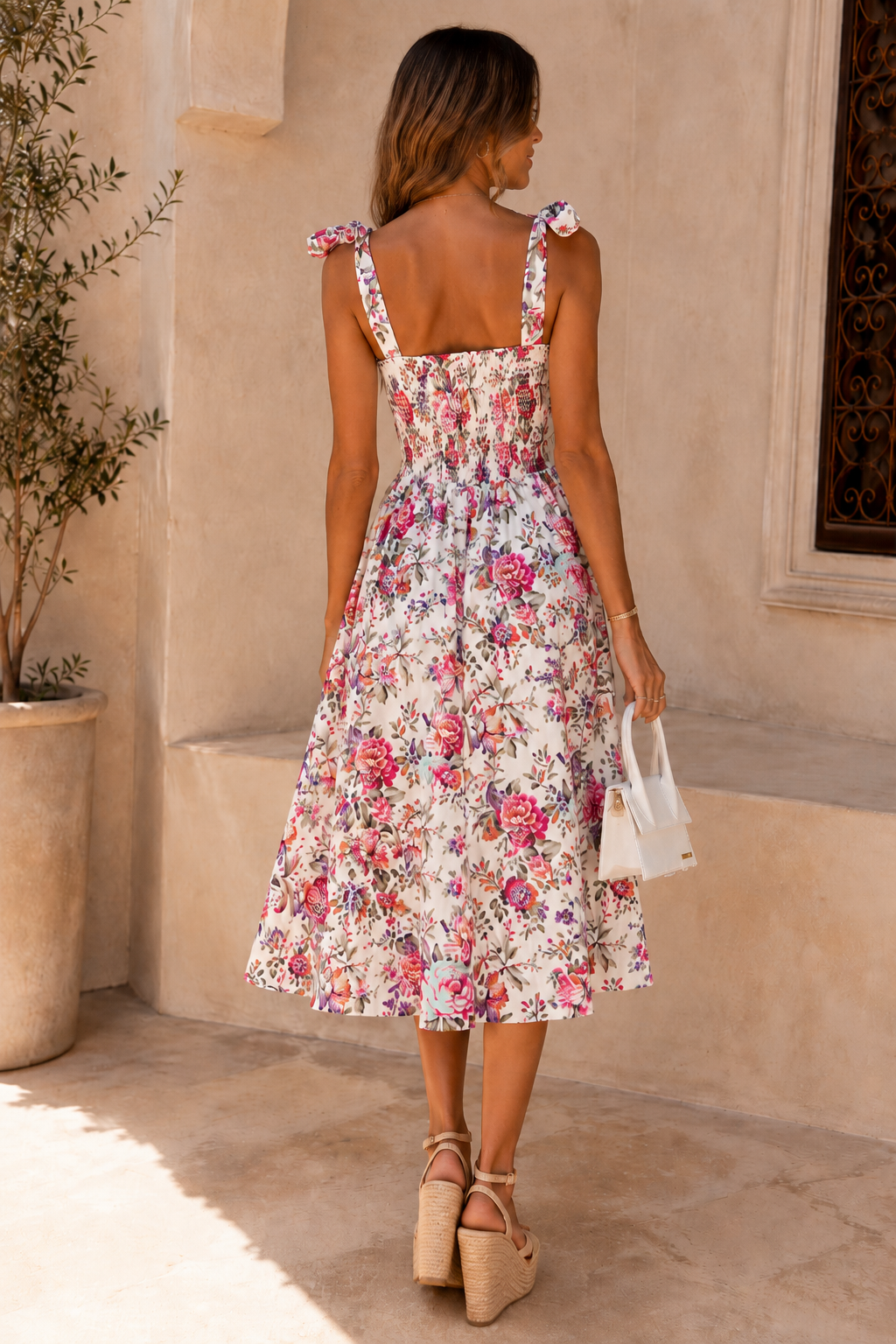 Floral Shirred Tie Shoulder Midaxi Dress