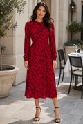 Red Animal Print Long Sleeve Split Leg Midi Dress