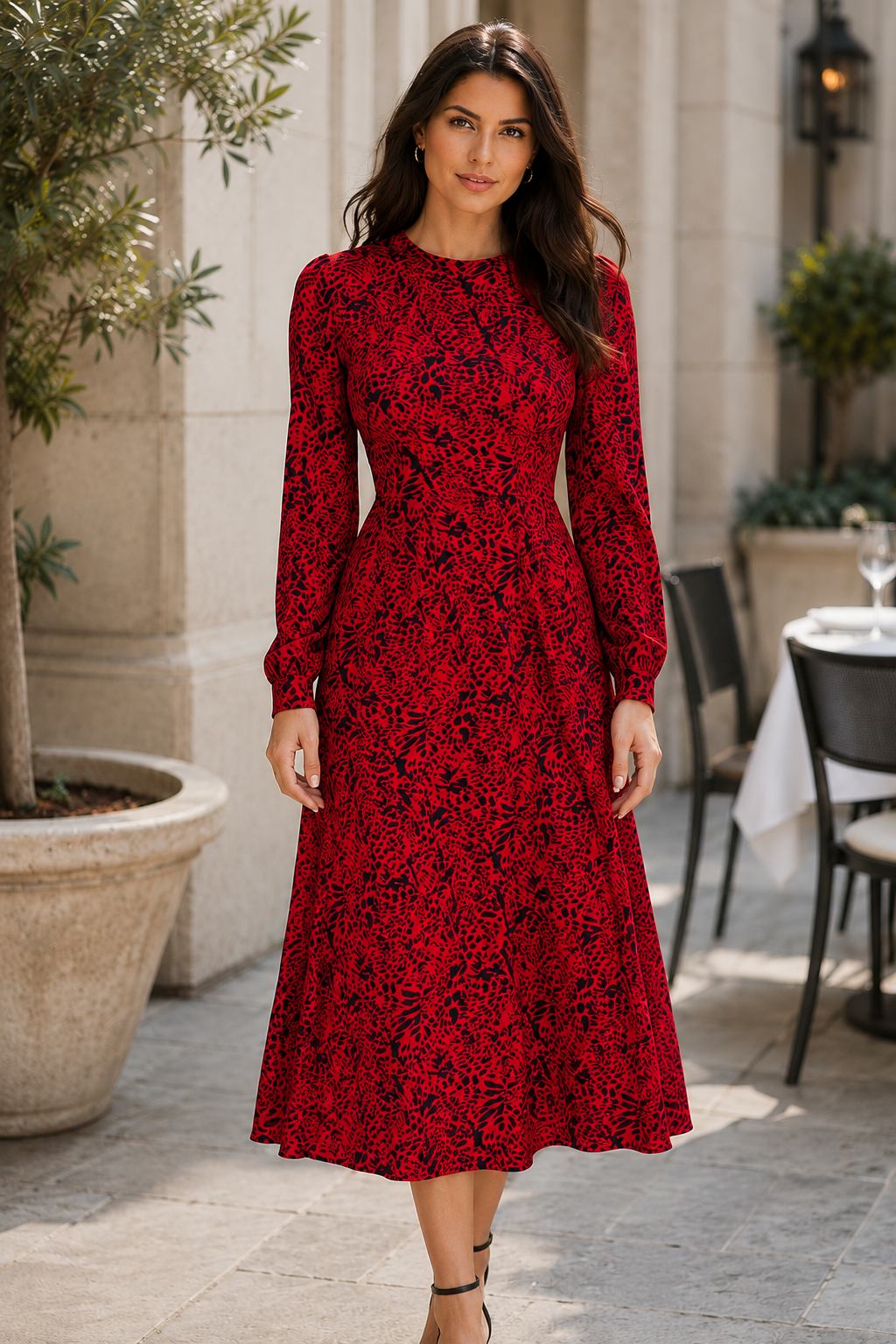 Red Animal Print Long Sleeve Split Leg Midi Dress