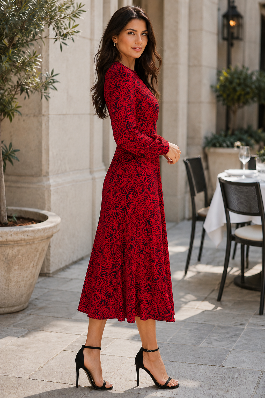 Red Animal Print Long Sleeve Split Leg Midi Dress