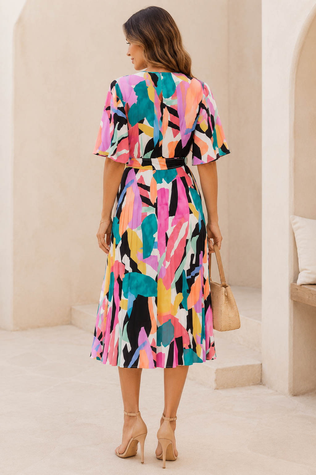 Colourblock Pleated Detail Midi Dress
