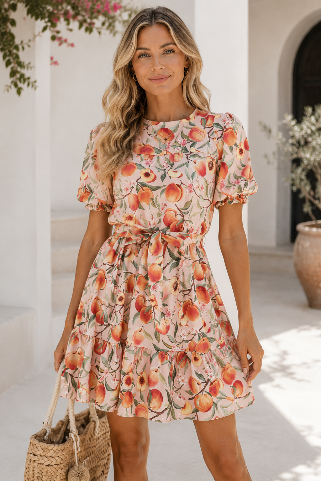 Peach Print Tiered Mini Dress