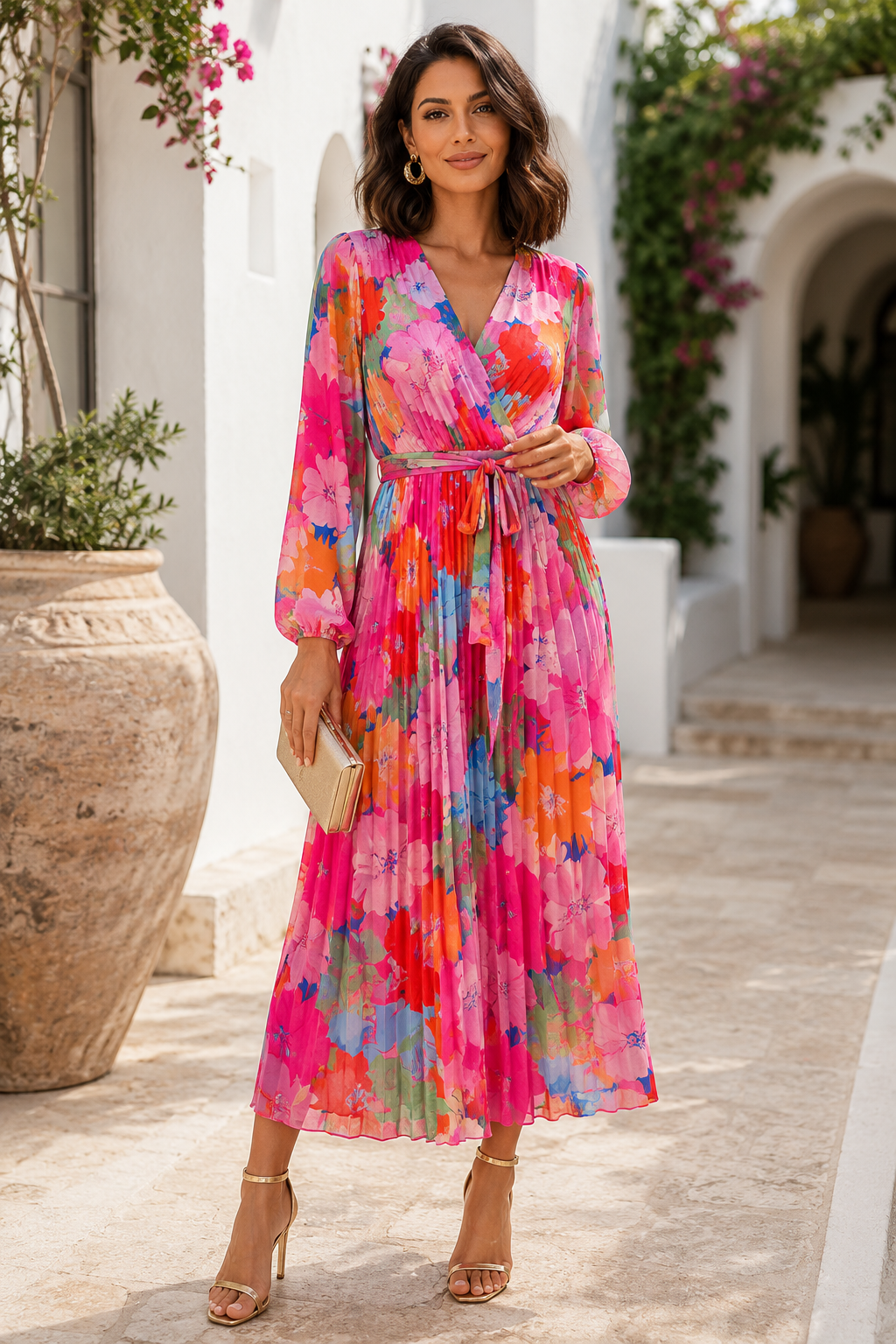 Floral Chiffon Pleated Wrap Midi Dress