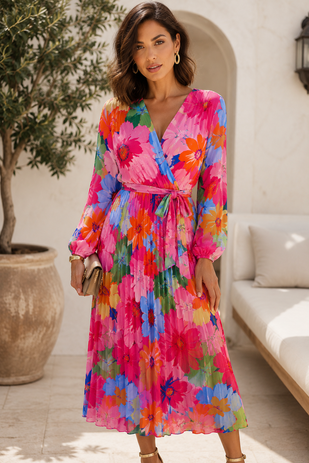 Floral Chiffon Pleated Wrap Midi Dress