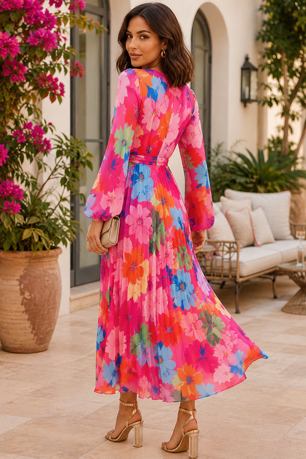 Floral Chiffon Pleated Wrap Midi Dress