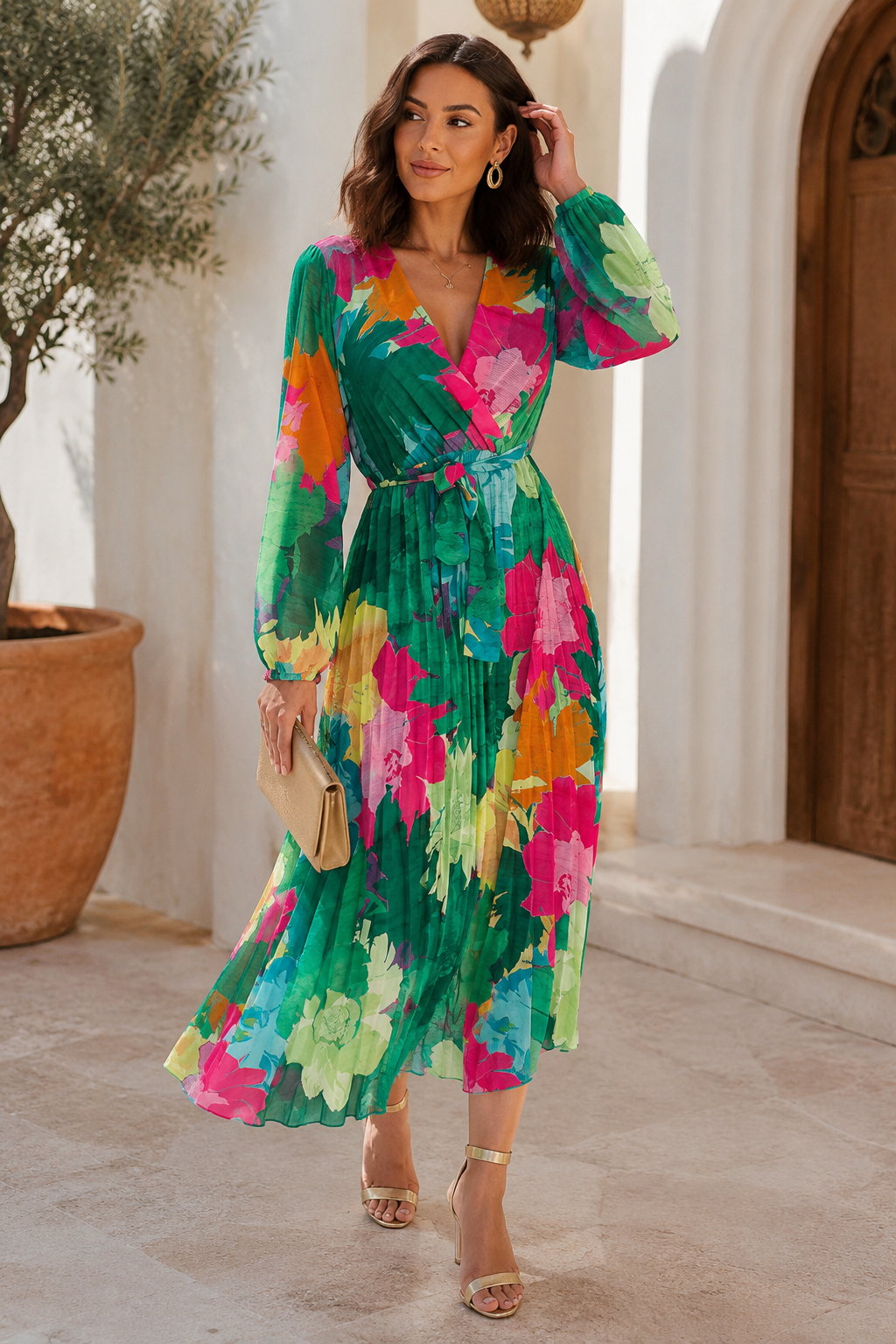 Floral Chiffon Pleated Wrap Midi Dress